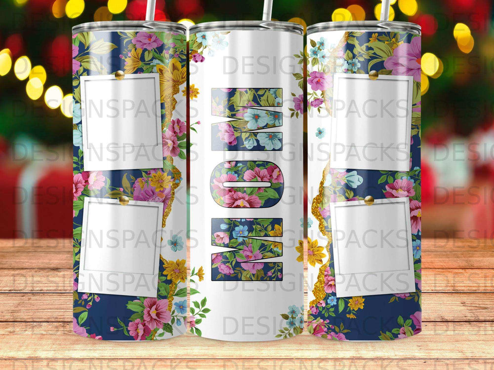Floral "MOM" tumbler with photo frames and gold accents.