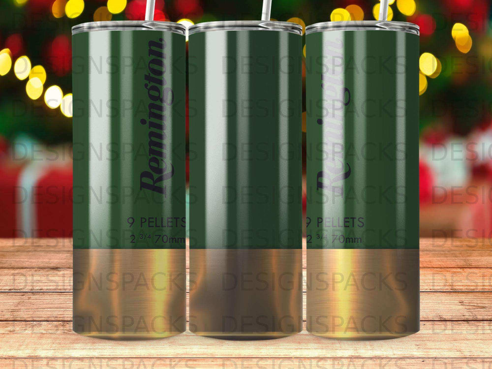Three tumblers with Remington logo, 9 pellets, and 2 3/4 70ml text.