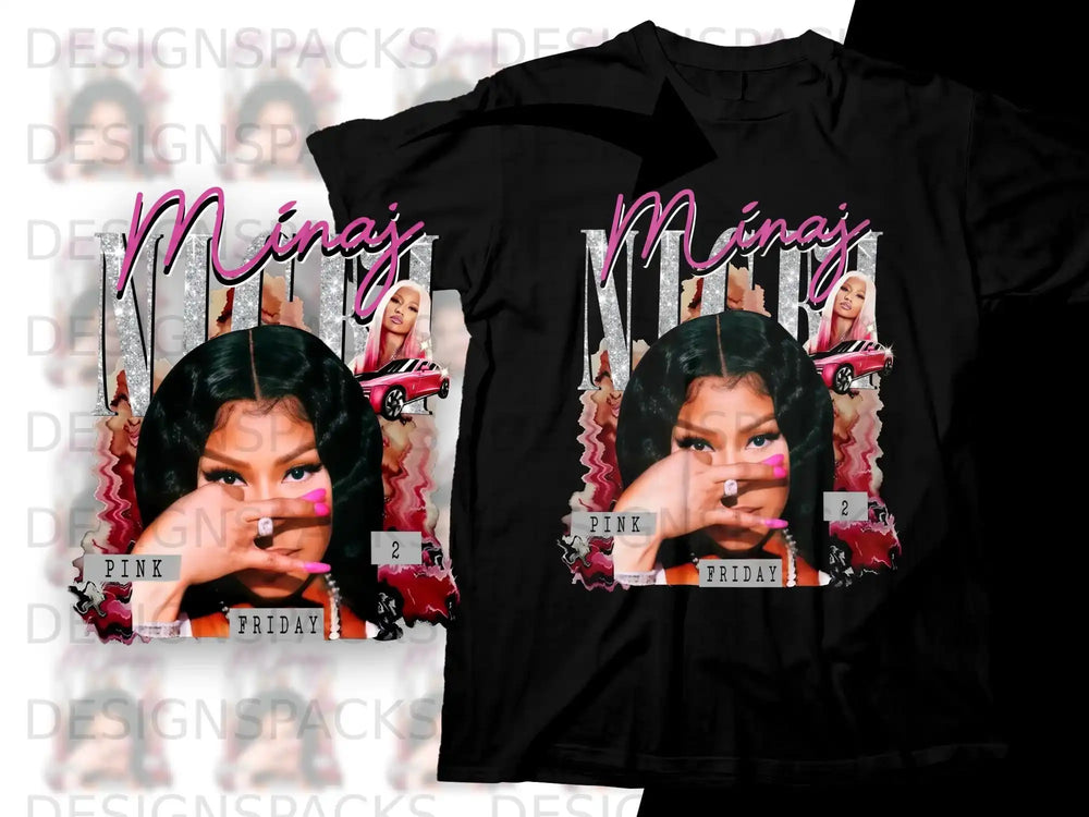 Black t-shirt with Nicki Minaj graphic, pink car, "PINK FRIDAY 2" text.