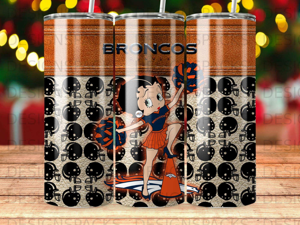 Betty Boop in Broncos uniform with football helmets and pom-poms on a tumbler.