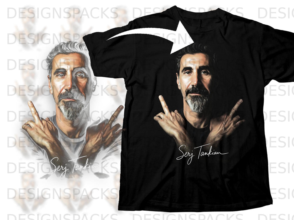 Black t-shirt featuring a portrait of Serj Tankian with his name below.