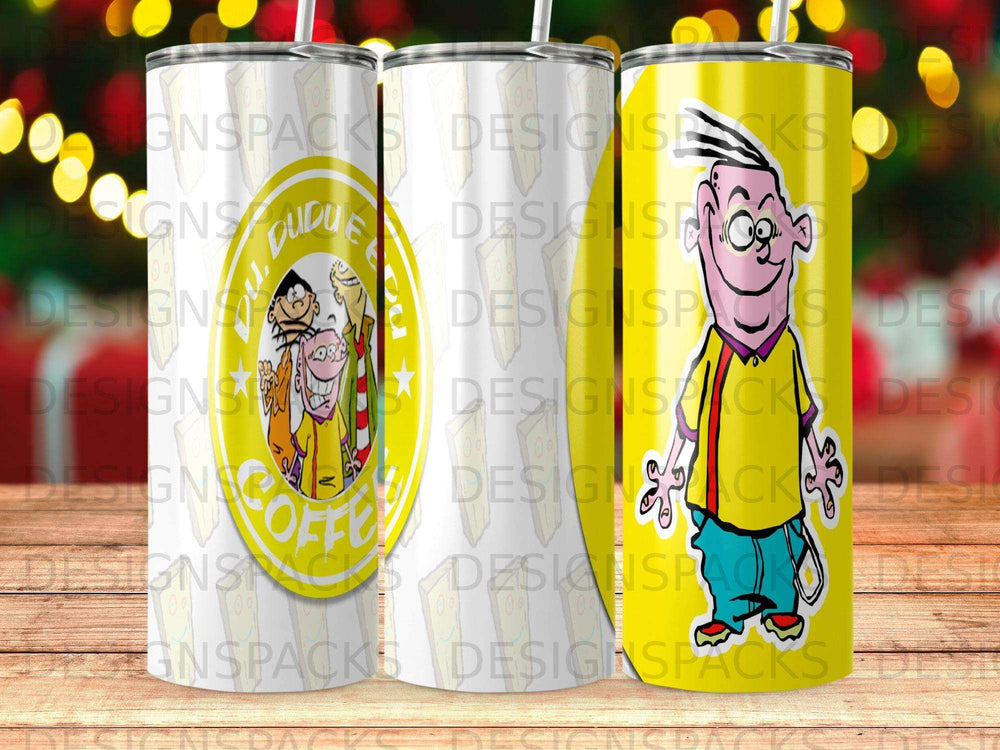 Ed, Edd, and Eddy characters on a yellow background with coffee cup design.