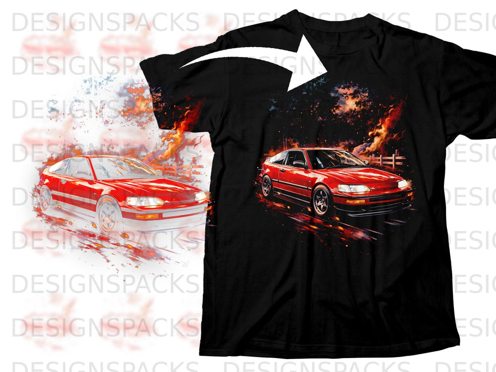 A black t-shirt printed with a vibrant watercolor illustration of a red sports car.