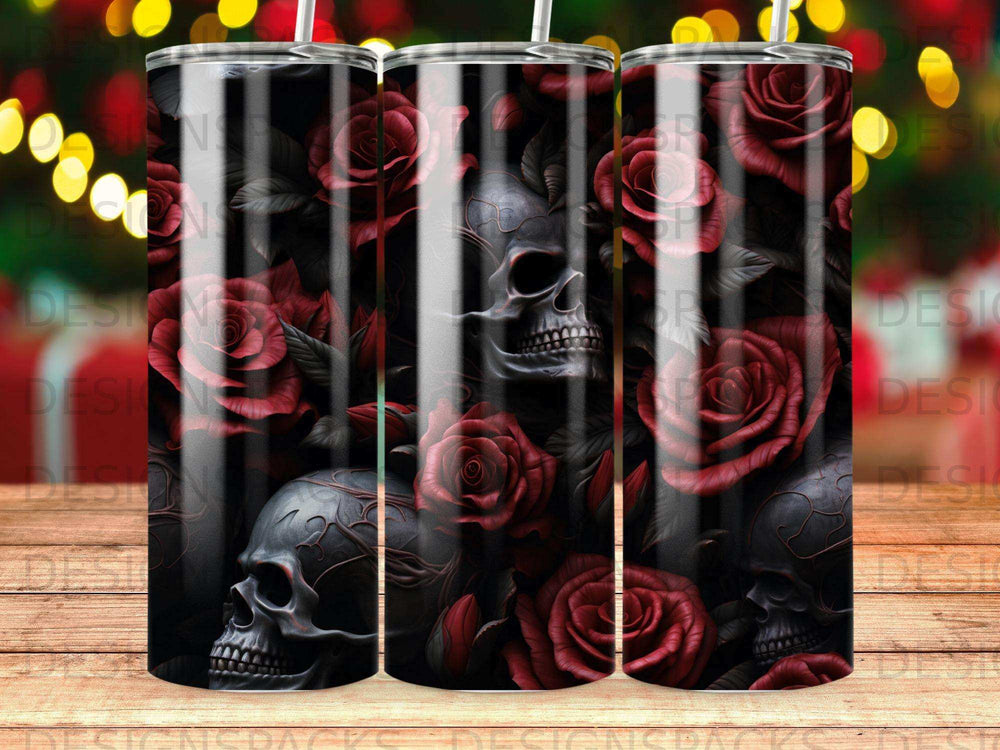 Black and red roses and skulls pattern on a cylindrical tumbler.