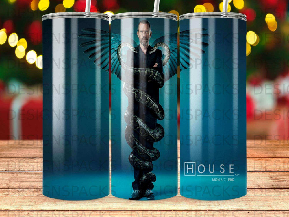 House M.D. logo and a man in a suit coiled by snakes.