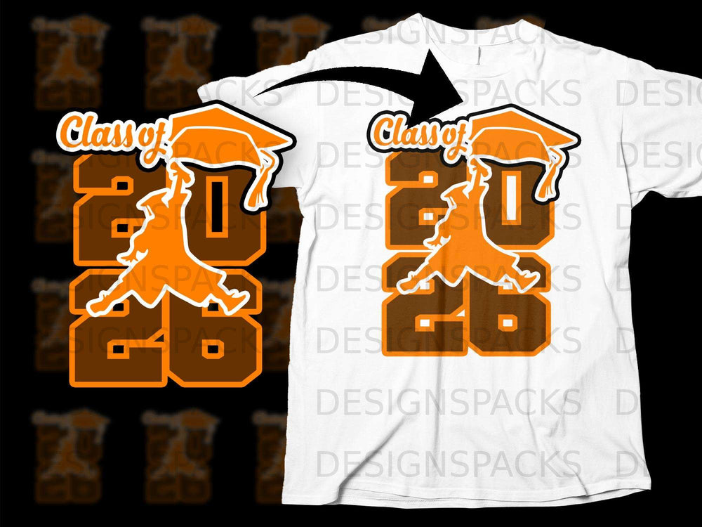 Orange "Class of 2026" graphic with graduation cap and diploma on white t-shirt.