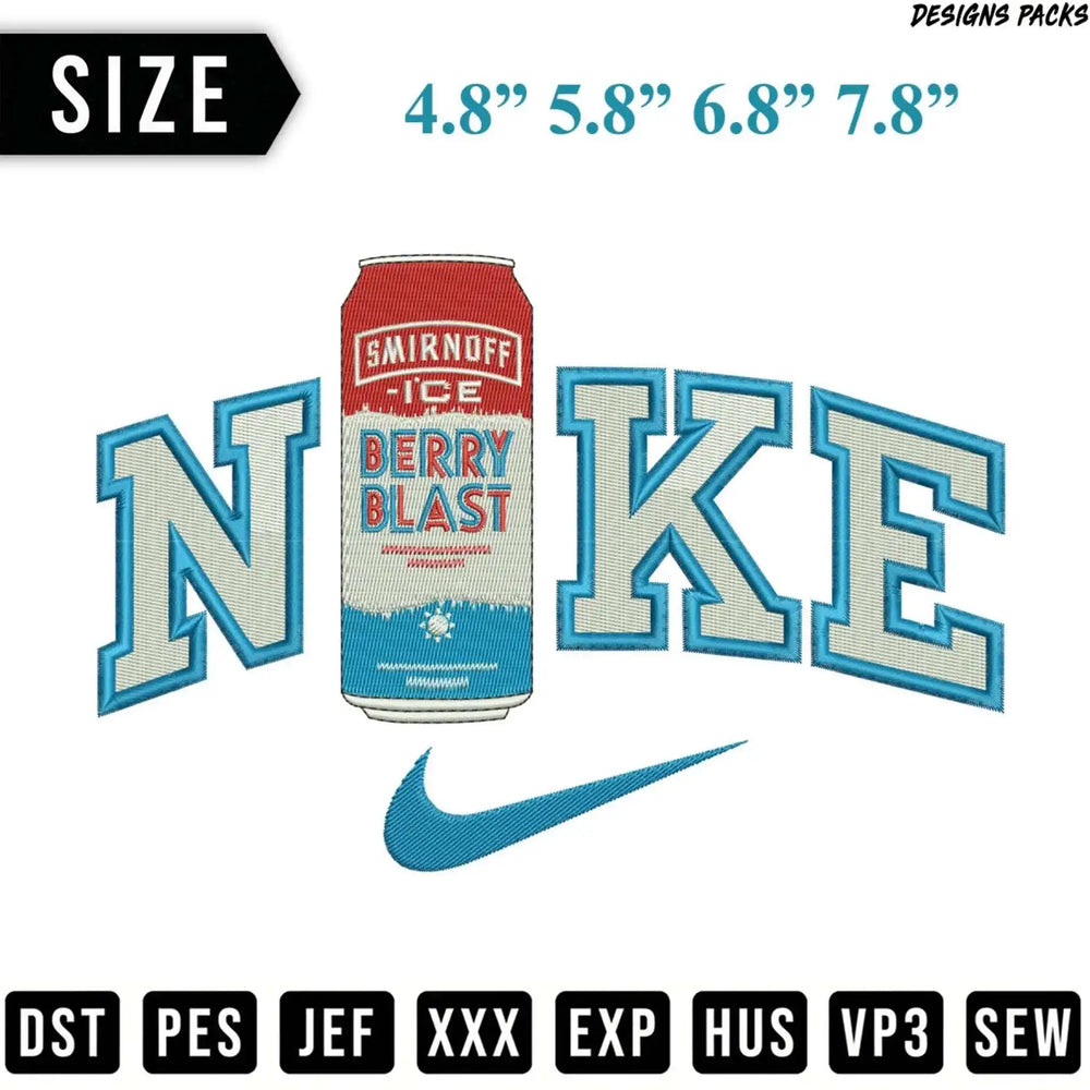 Smirnoff Ice Berry Blast logo with Nike swoosh and size options.