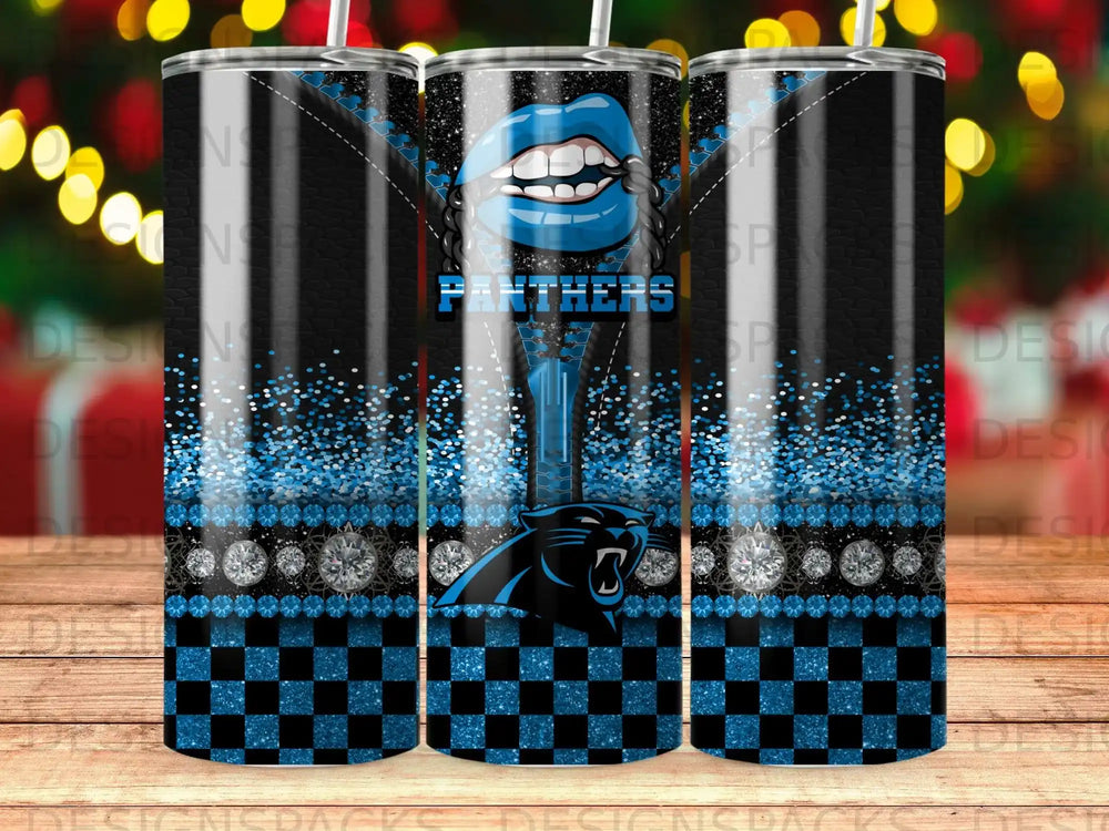 Carolina Panthers tumbler with blue glitter, diamonds, and lips.