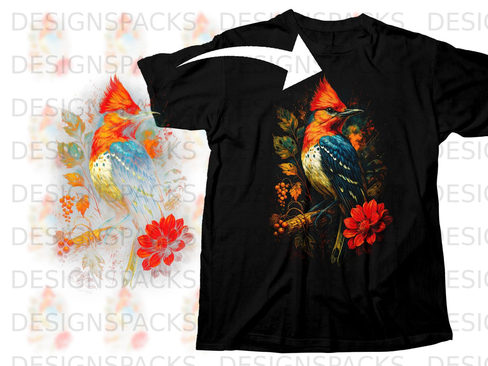 Black t-shirt with a colorful bird perched on a branch with red flowers.