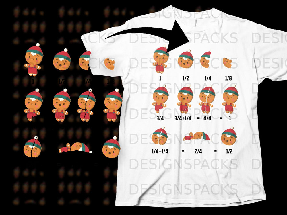 Gingerbread men illustrate fractions 1, 1/2, 1/4, 1/8, 3/4, and 1/4+1/4.