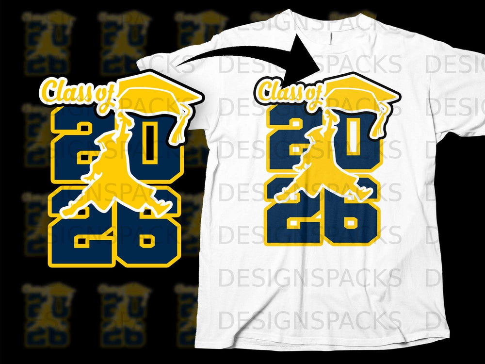 "Class of 2026" graphic with a graduation cap and silhouette on a white t-shirt.