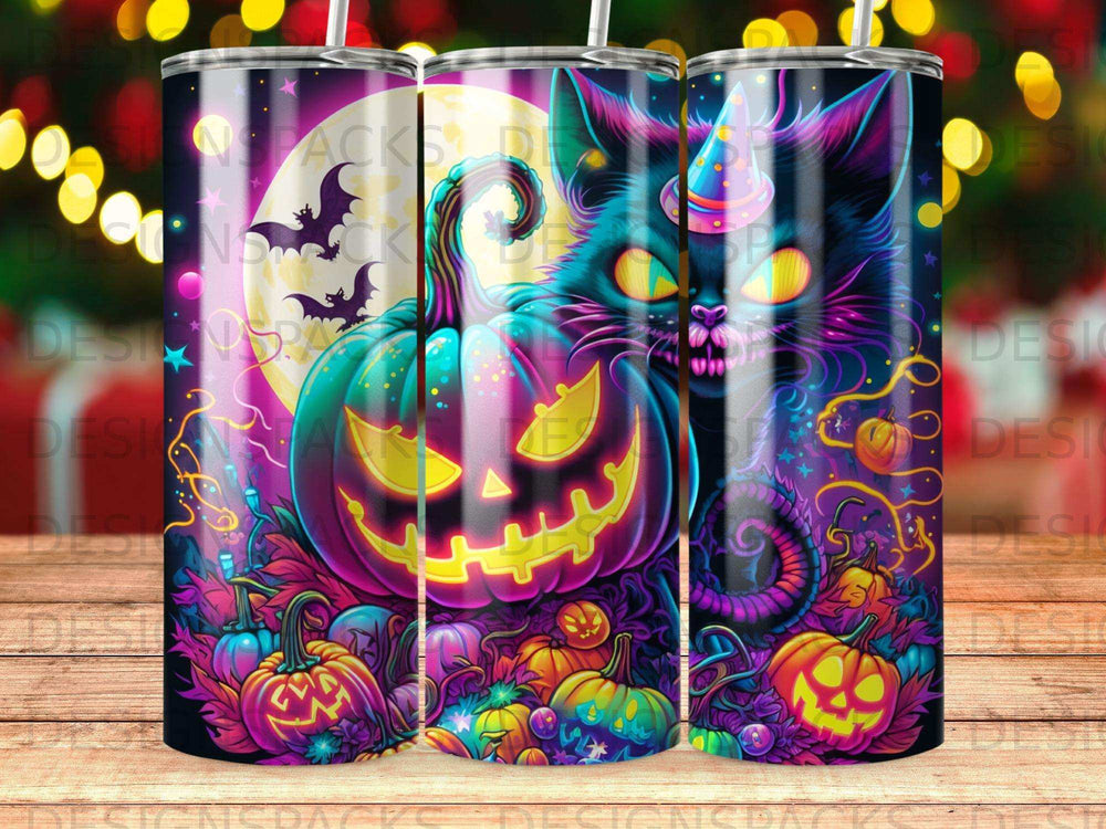 Halloween tumbler with a black cat and carved pumpkin under a moon.