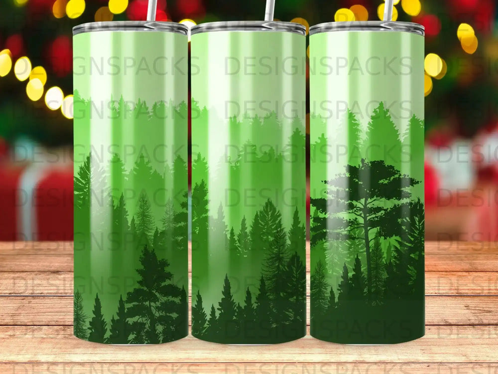 Green forest silhouette tumbler with repeating "DESIGNSPACKS" text pattern.