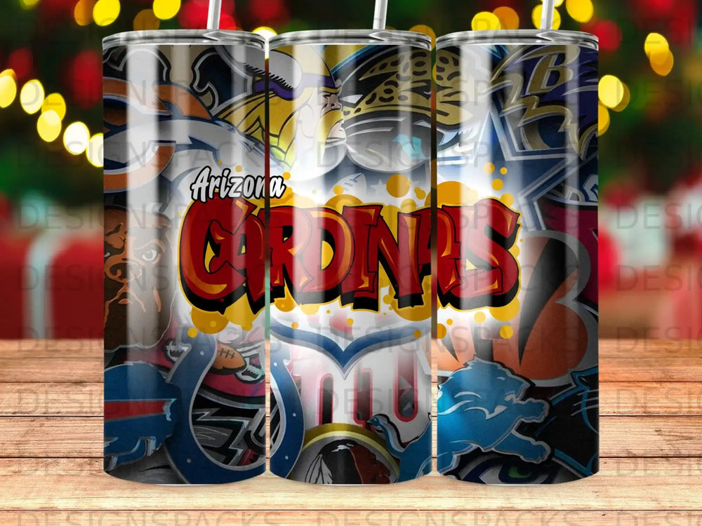 Arizona Cardinals logo pattern on a tumbler with bokeh lights background.