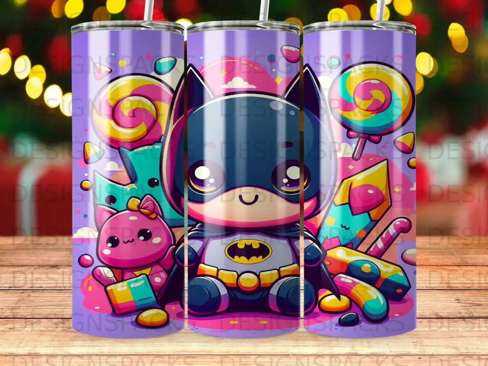 Batman character with cute cat and candy on purple tumbler.