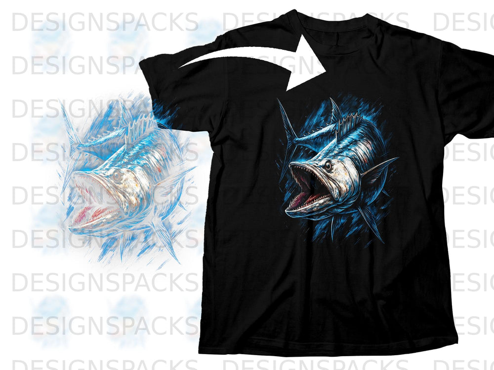 Black t-shirt with a fierce, blue marlin graphic and a white arrow overlay.