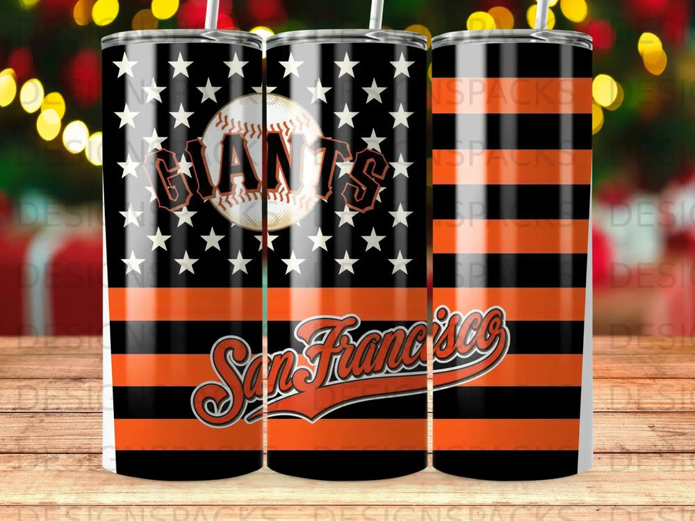 San Francisco Giants baseball team logo on orange and black striped tumbler.