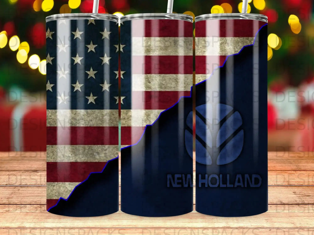 USA flag and New Holland logo on a dark blue tumbler.