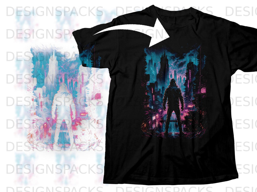 Black t-shirt with graphic of hooded figure in a neon cyberpunk city.