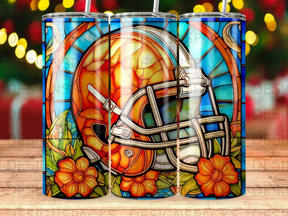 Football helmet with stained glass design and floral accents.