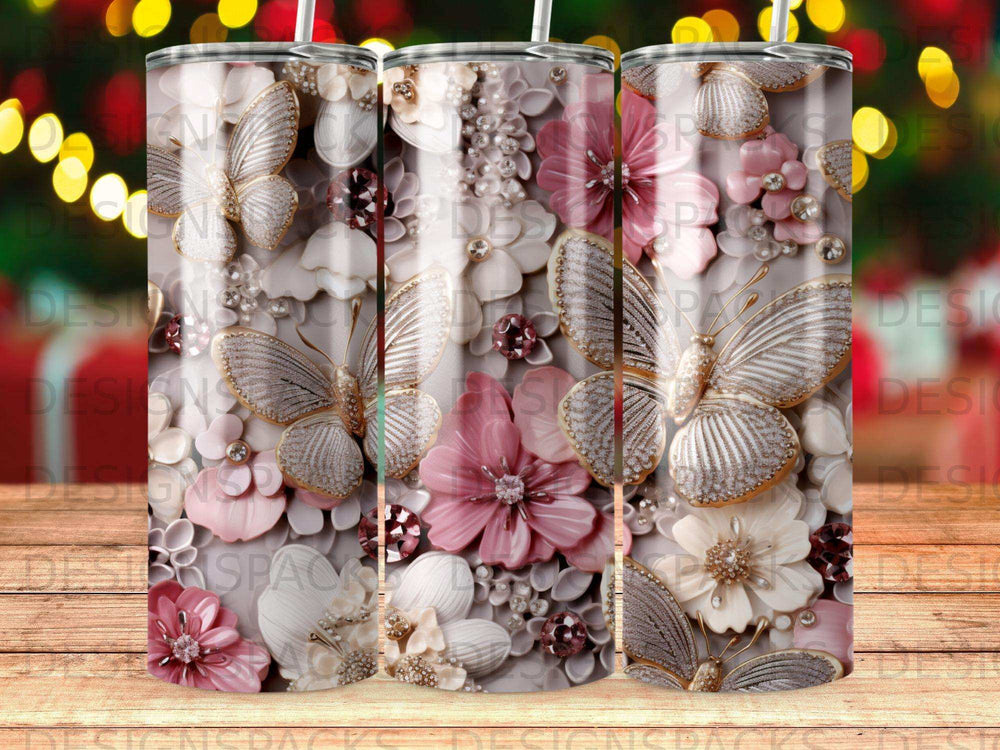 3D butterflies and flowers adorn a white tumbler with bokeh lights in background.