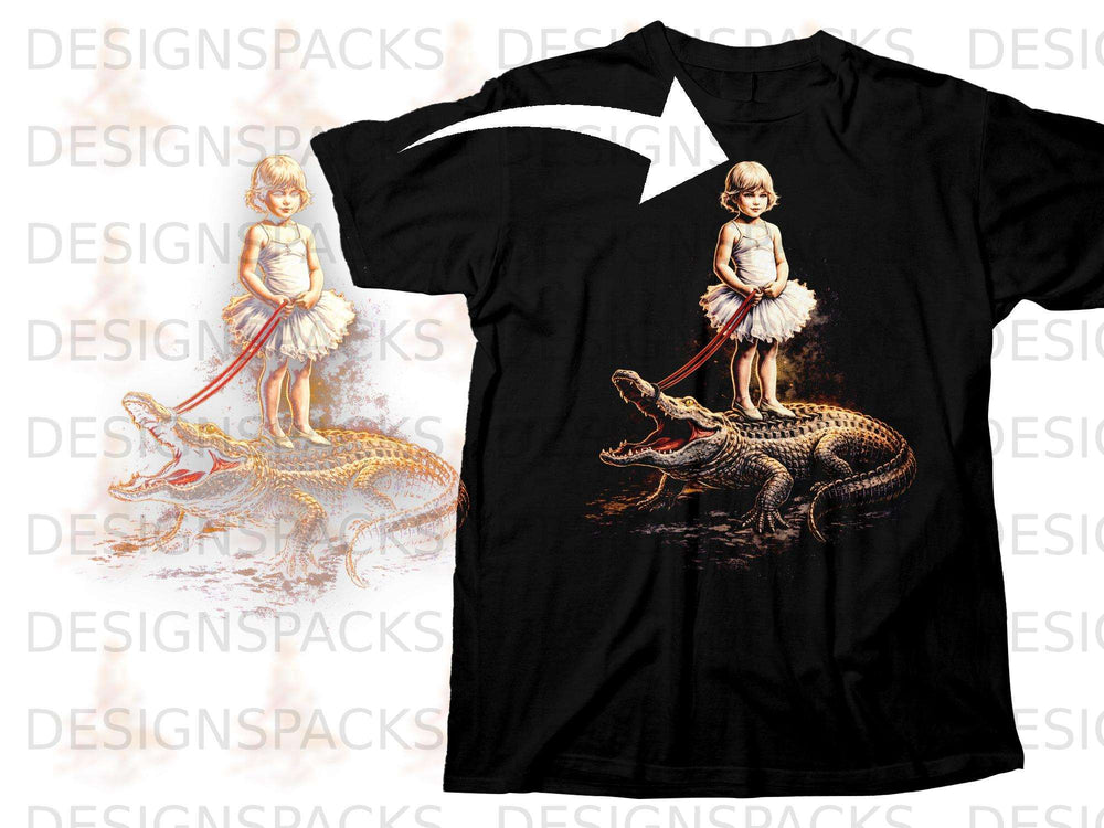 Ballet dancer on alligator's back, holding leash.