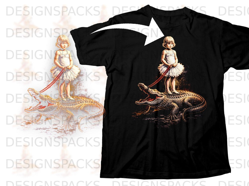 Ballet dancer on alligator's back, holding leash.