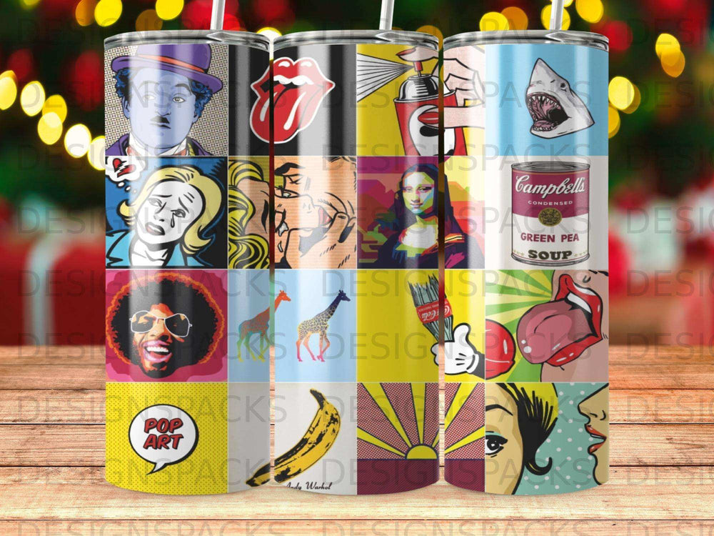 Pop art collage featuring celebrity faces, soup cans, and iconic imagery.