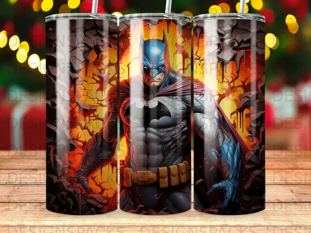 Batman in a dynamic pose amidst fiery rubble on a dark background.