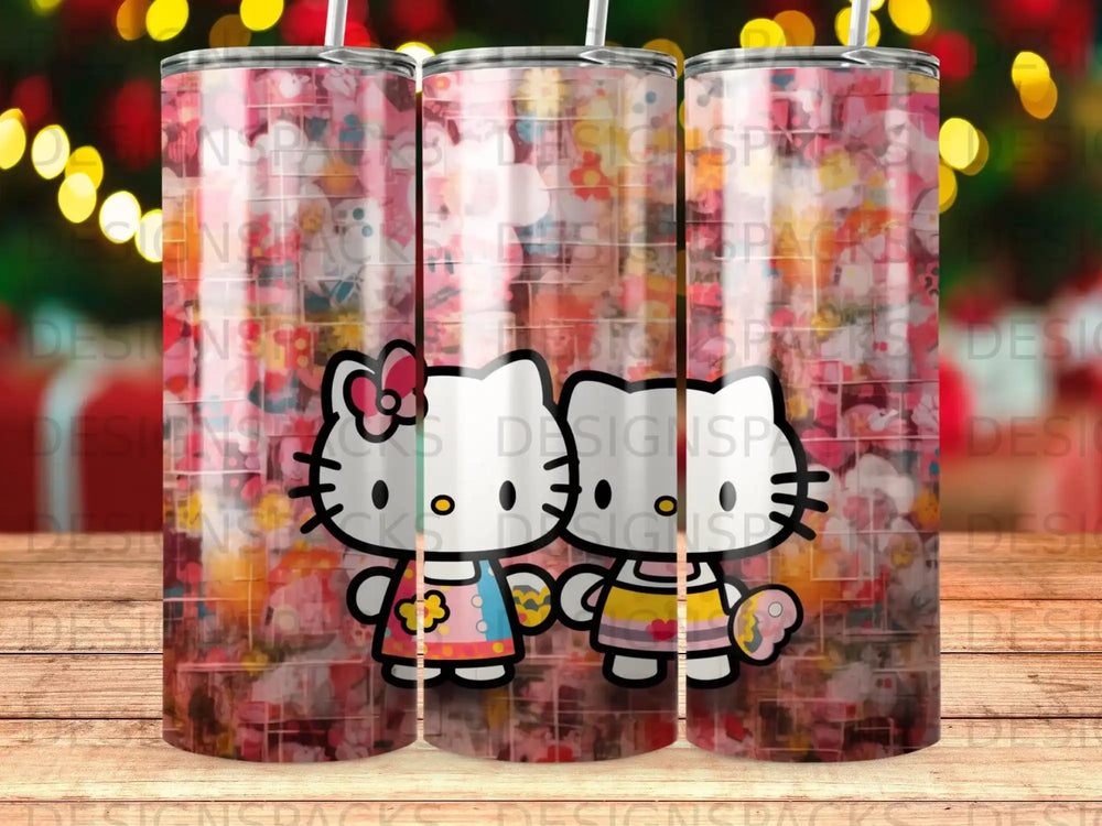 Hello Kitty characters in colorful floral patterns on a tumbler.