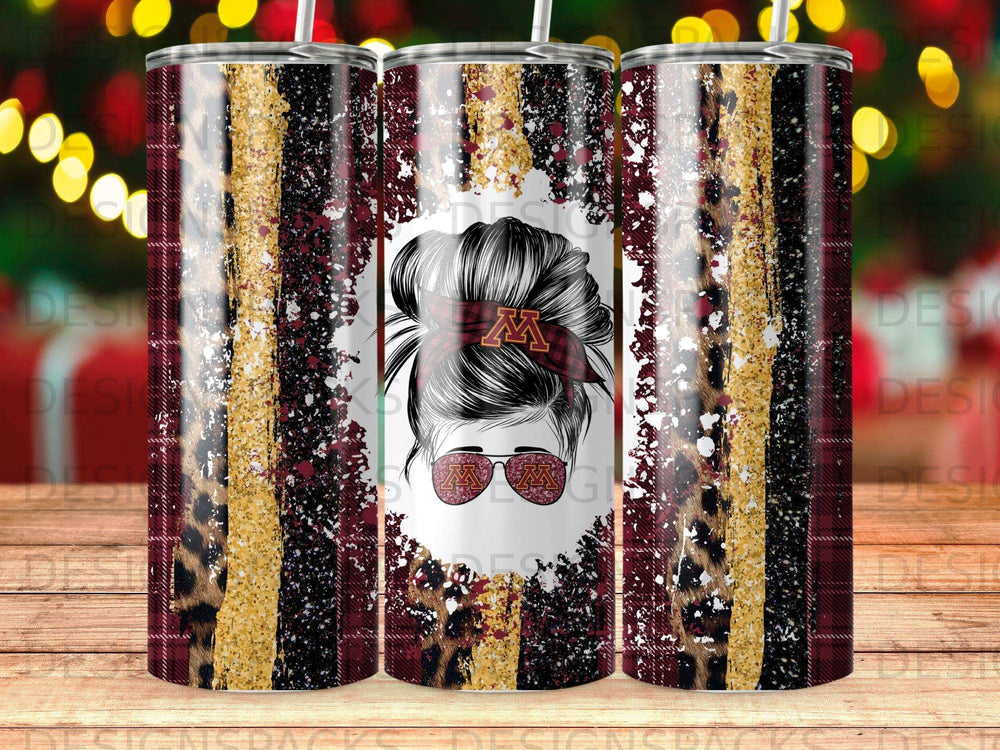 Tumbler with messy bun graphic, leopard print, and maroon and gold stripes.