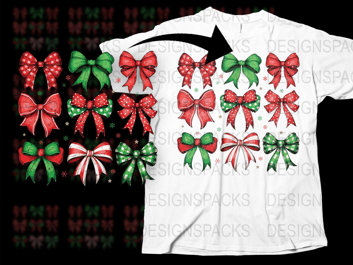 Christmas Bow T-Shirt, Festive Red and Green Holiday Graphic Tee, Unisex Christmas Shirt Design, Casual Xmas Apparel