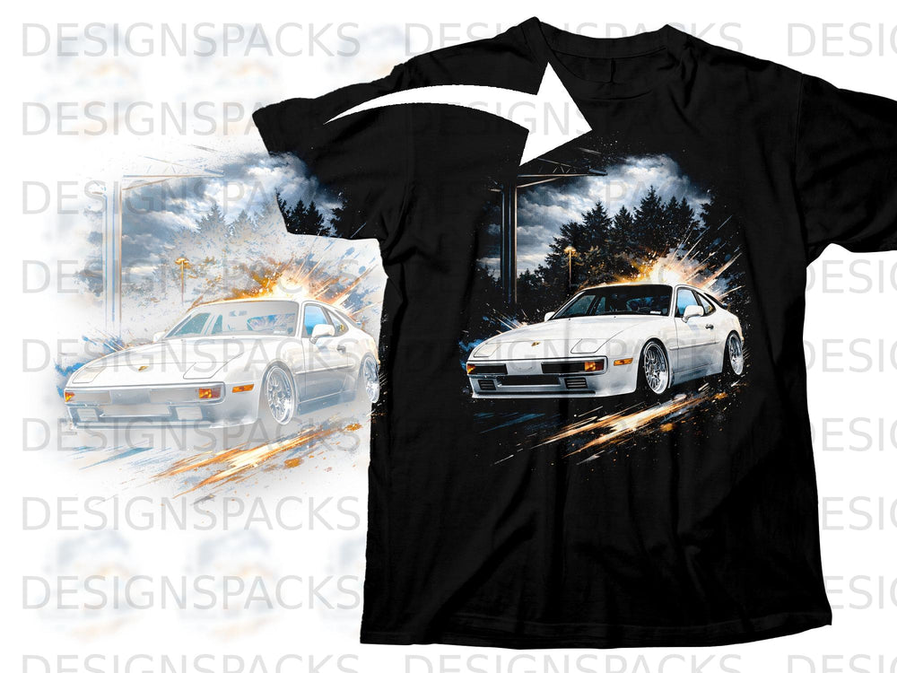 Black t-shirt with graphic of white Porsche 944 speeding with abstract streaks.