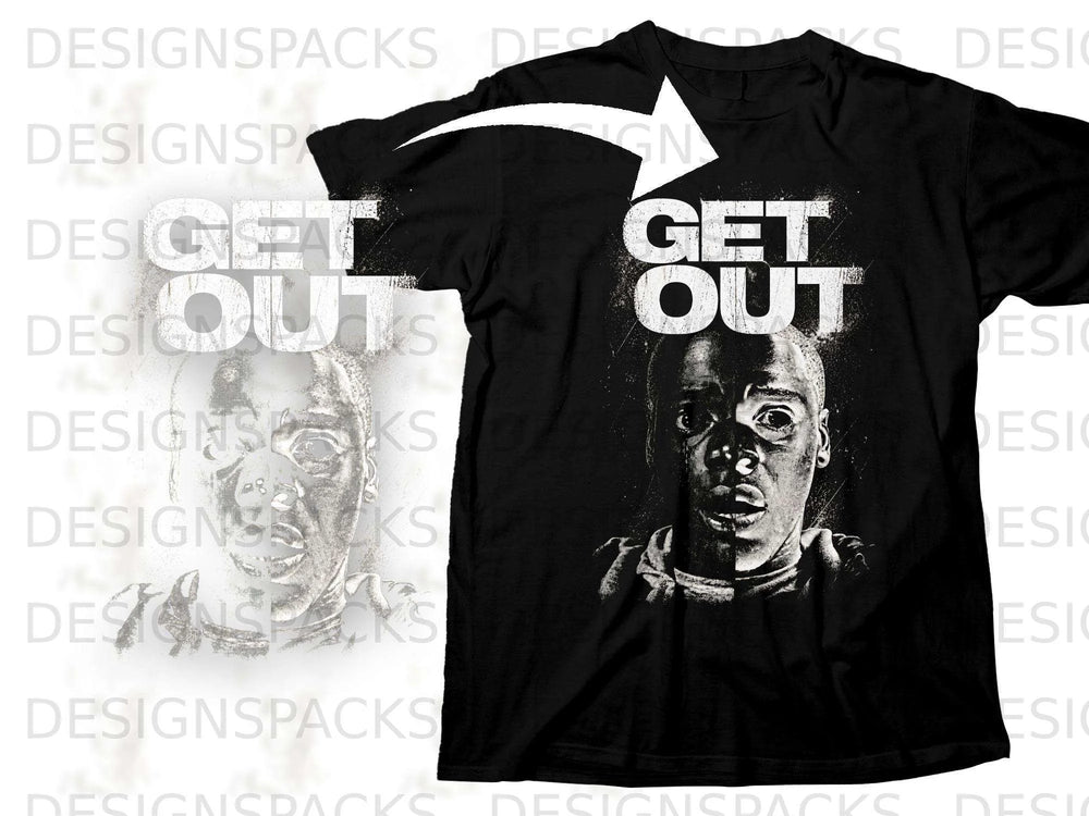 Black t-shirt with "Get Out" text and a stylized portrait of a person.