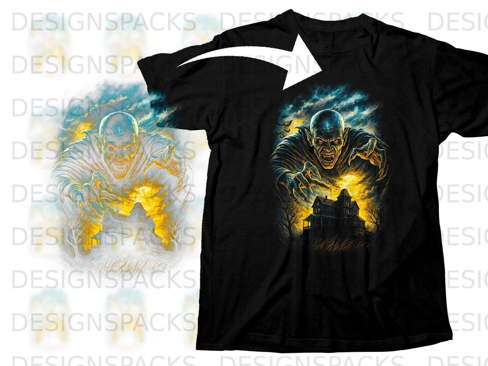 Black t-shirt featuring a menacing vampire and a haunted house design.