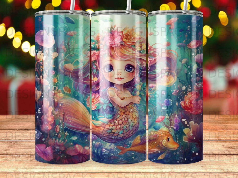 Mermaid with colorful tail and fish among flowers and bubbles.