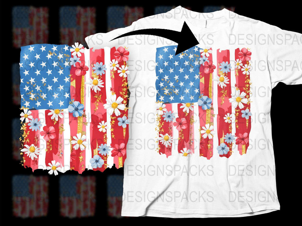 Patriotic Floral USA Flag T-Shirt, Red White Blue American Flag Tee with Flowers, Unisex Independence Day Shirt