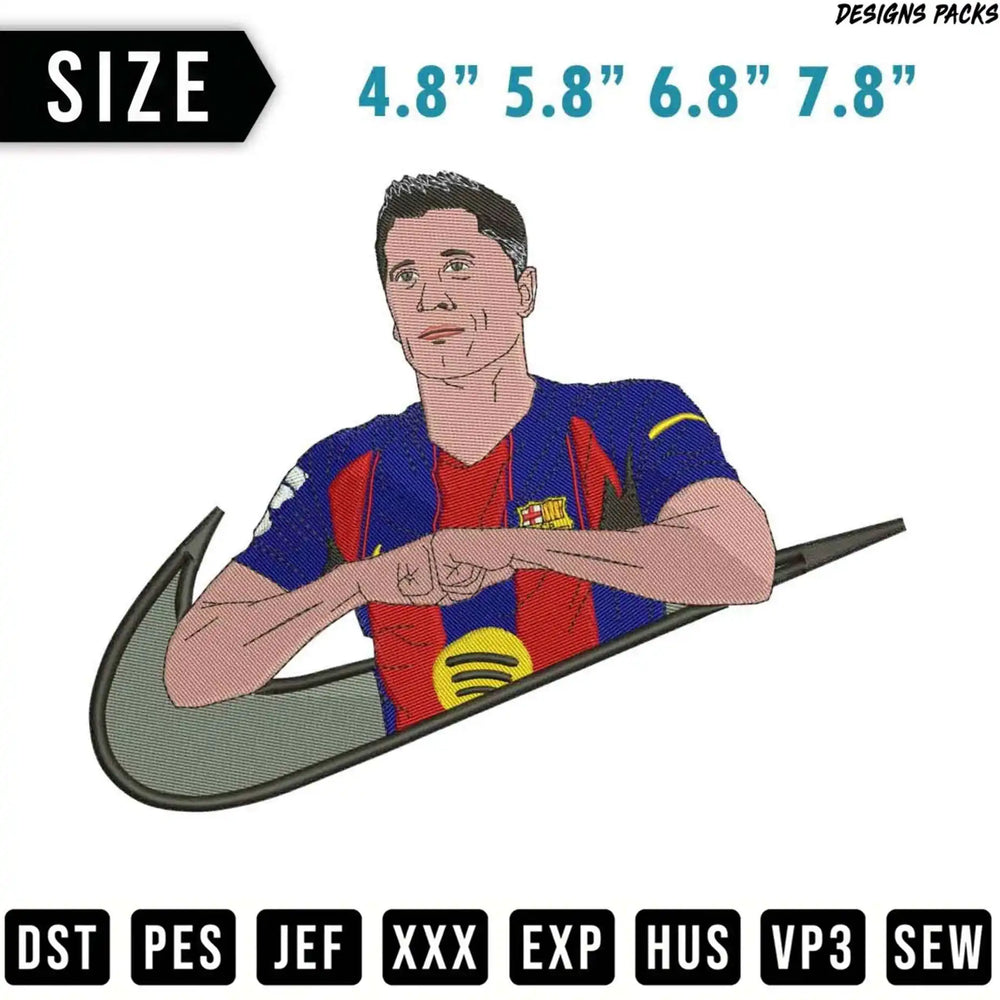 Embroidered design of a man in a soccer jersey with Nike logo.