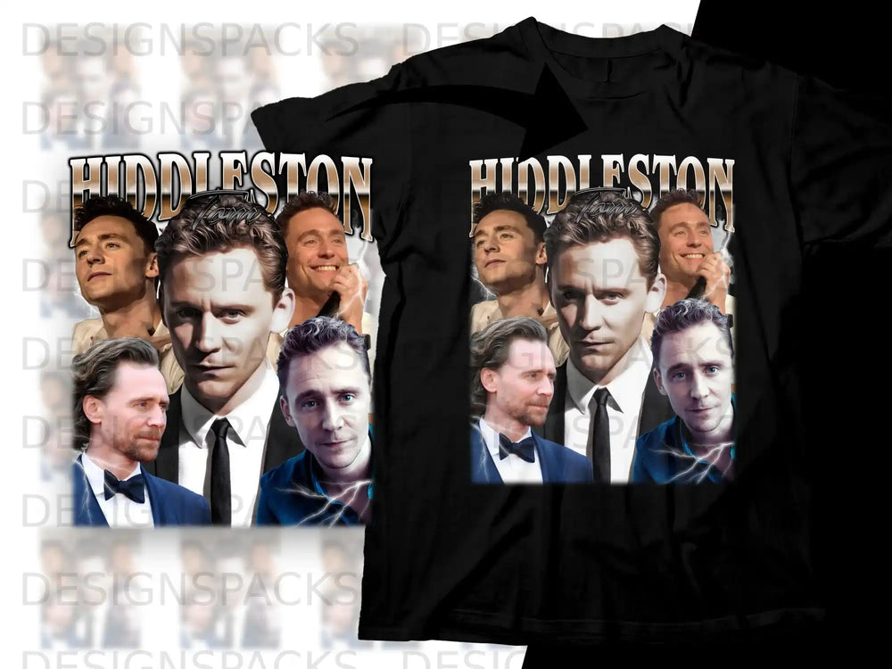 Black t-shirt featuring collage of Tom Hiddleston portraits and "Hiddleston" text.