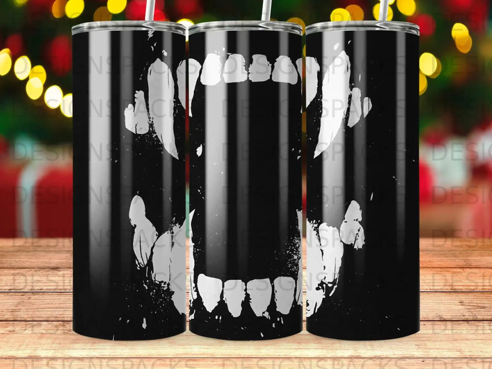 Distressed vampire fangs open mouth design black tumbler product type
