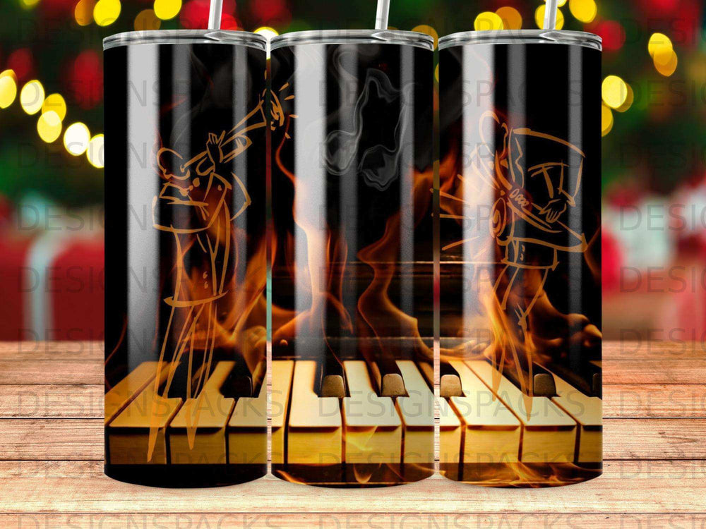 Piano keys with fire and a trumpet player illustration.