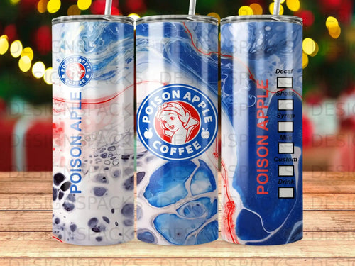 Poison Apple Coffee tumbler with white, blue, and red marble design.