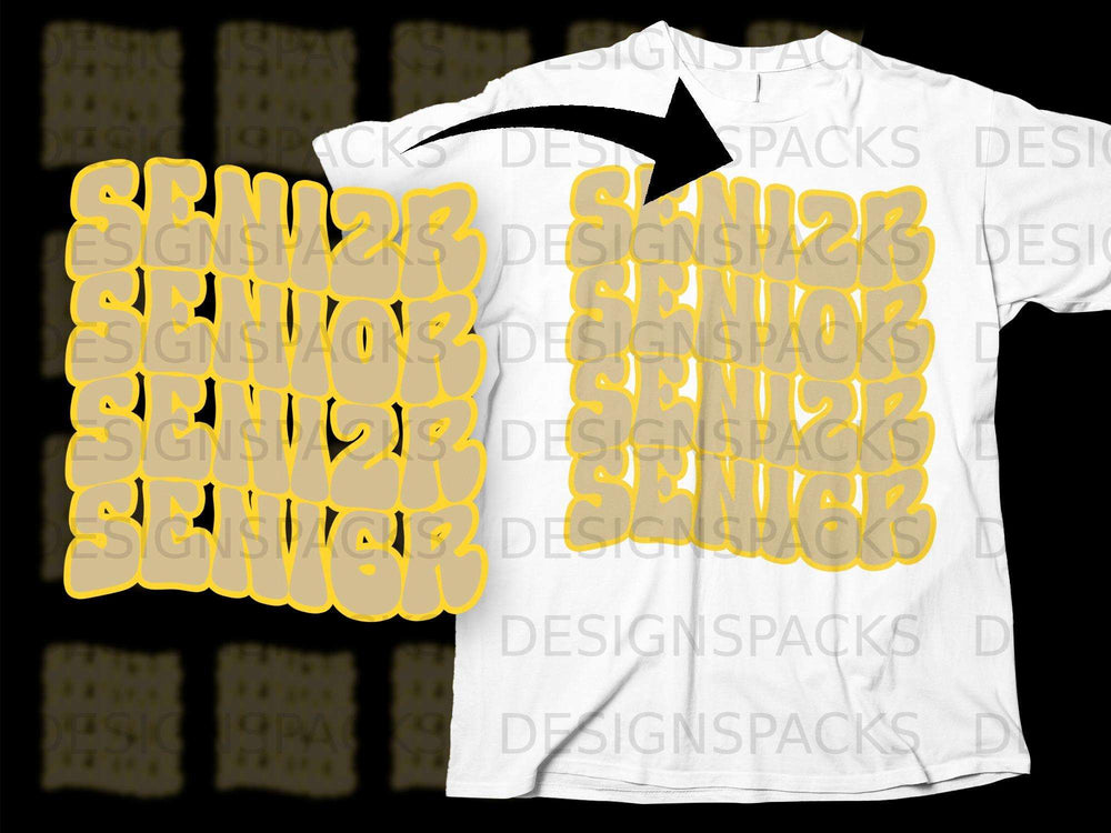 White t-shirt mockup featuring a distressed "SENIOR 23" graphic in beige balloons.