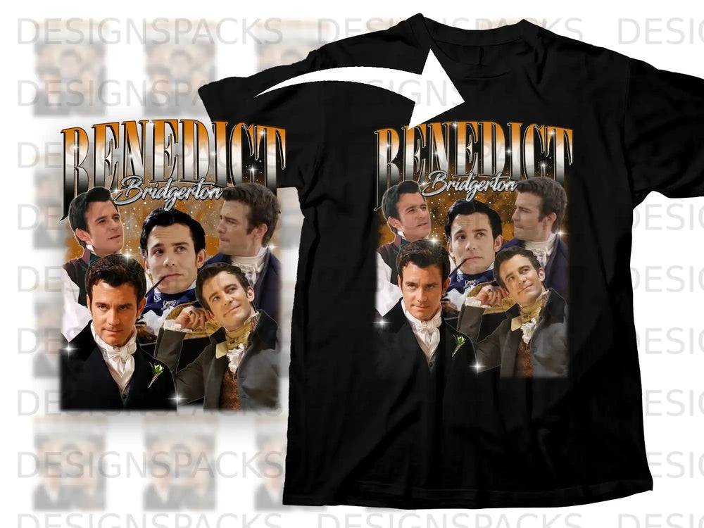 Bridgerton TV show cast collage on a black t-shirt.