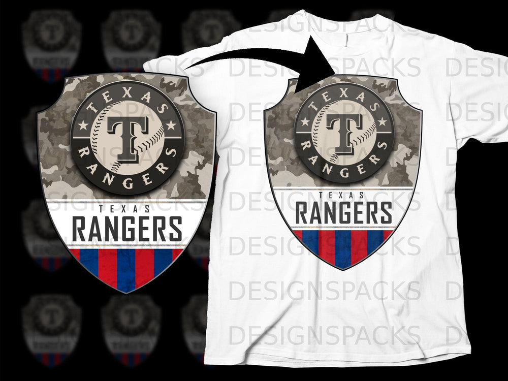Texas Rangers baseball team shield logo on a white t-shirt.