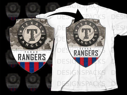 Texas Rangers baseball team shield logo on a white t-shirt.