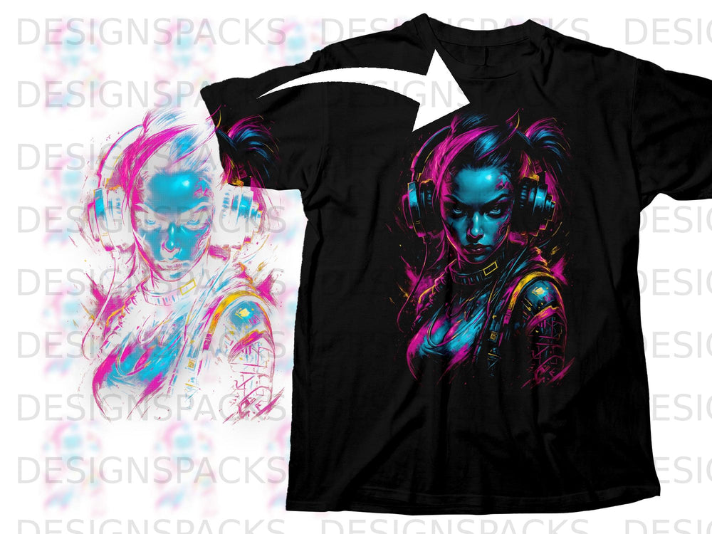 Black t-shirt featuring a stylized portrait of a person with headphones.