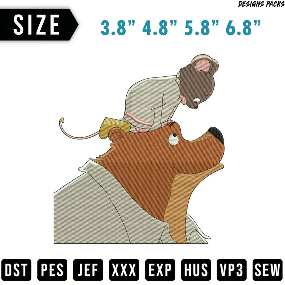 Bear and mouse embroidery design with size options and file formats.