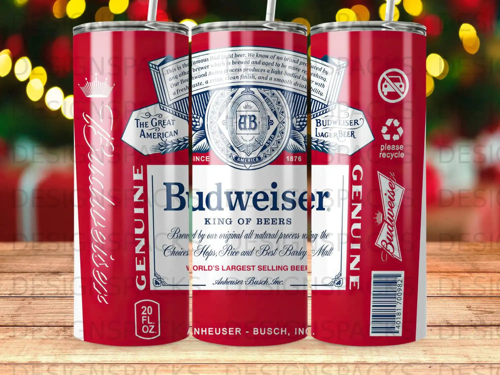 Budweiser can cooler with the brand's signature red and white stripes and logo.