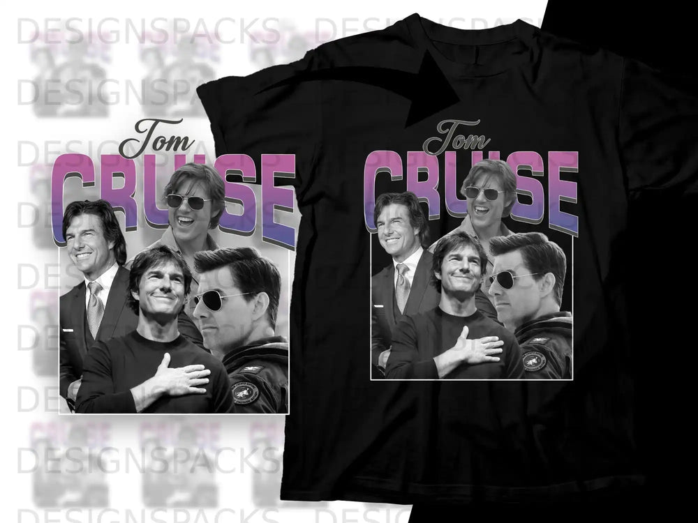 Tom Cruise collage t-shirt design with "Tom Cruise" text.